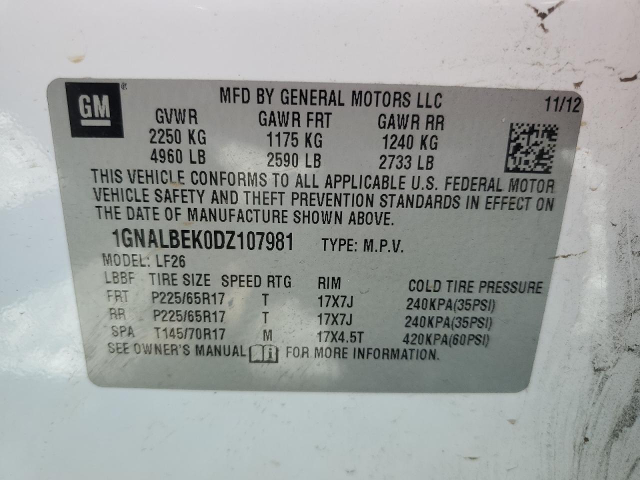 1GNALBEK0DZ107981 2013 Chevrolet Equinox Ls