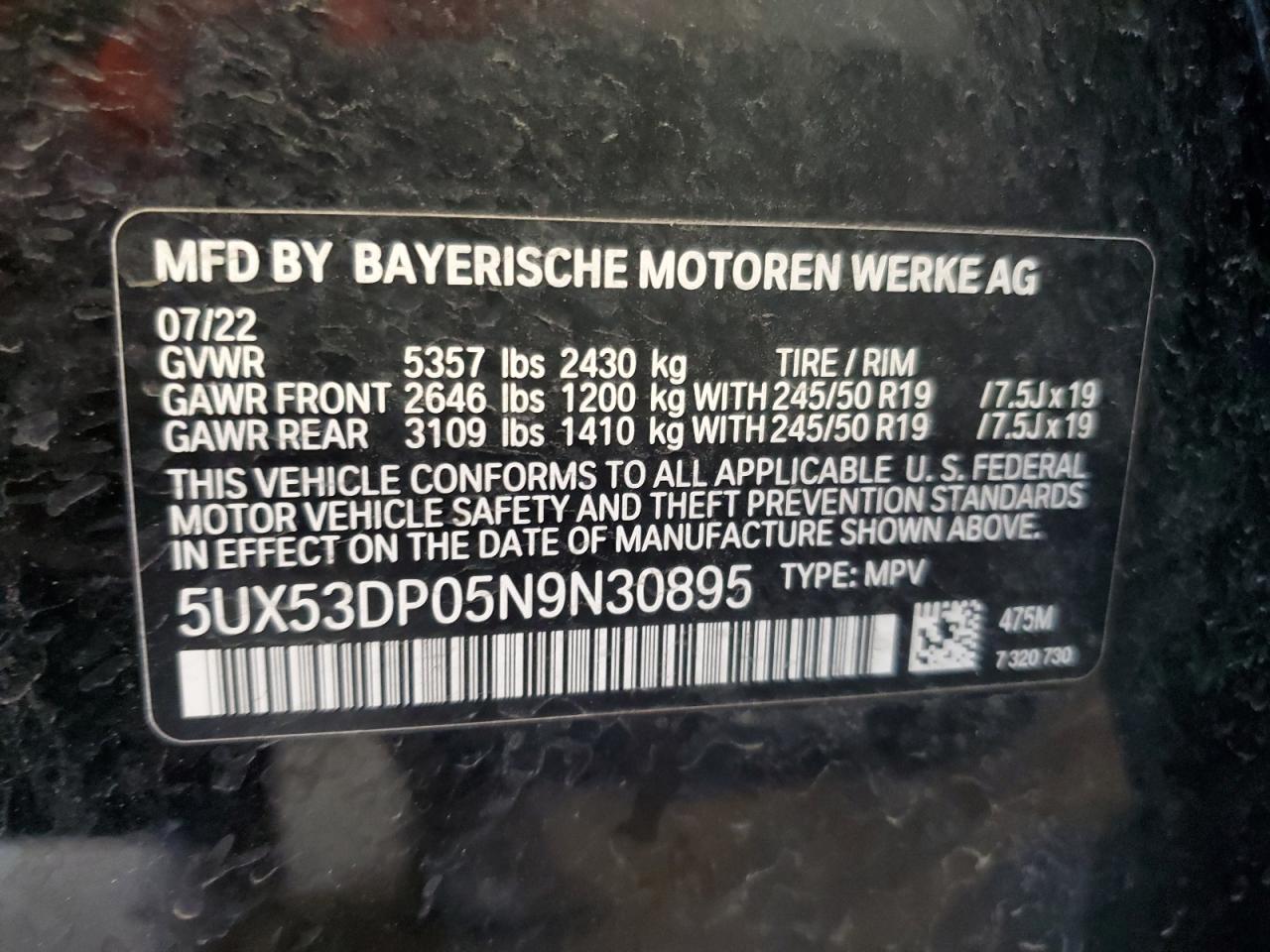 5UX53DP05N9N30895 2022 BMW X3 xDrive30I