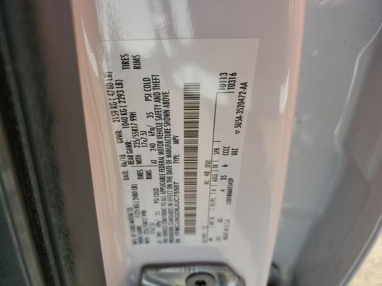 1FMCU9GD8JUC75507 2018 Ford Escape Se