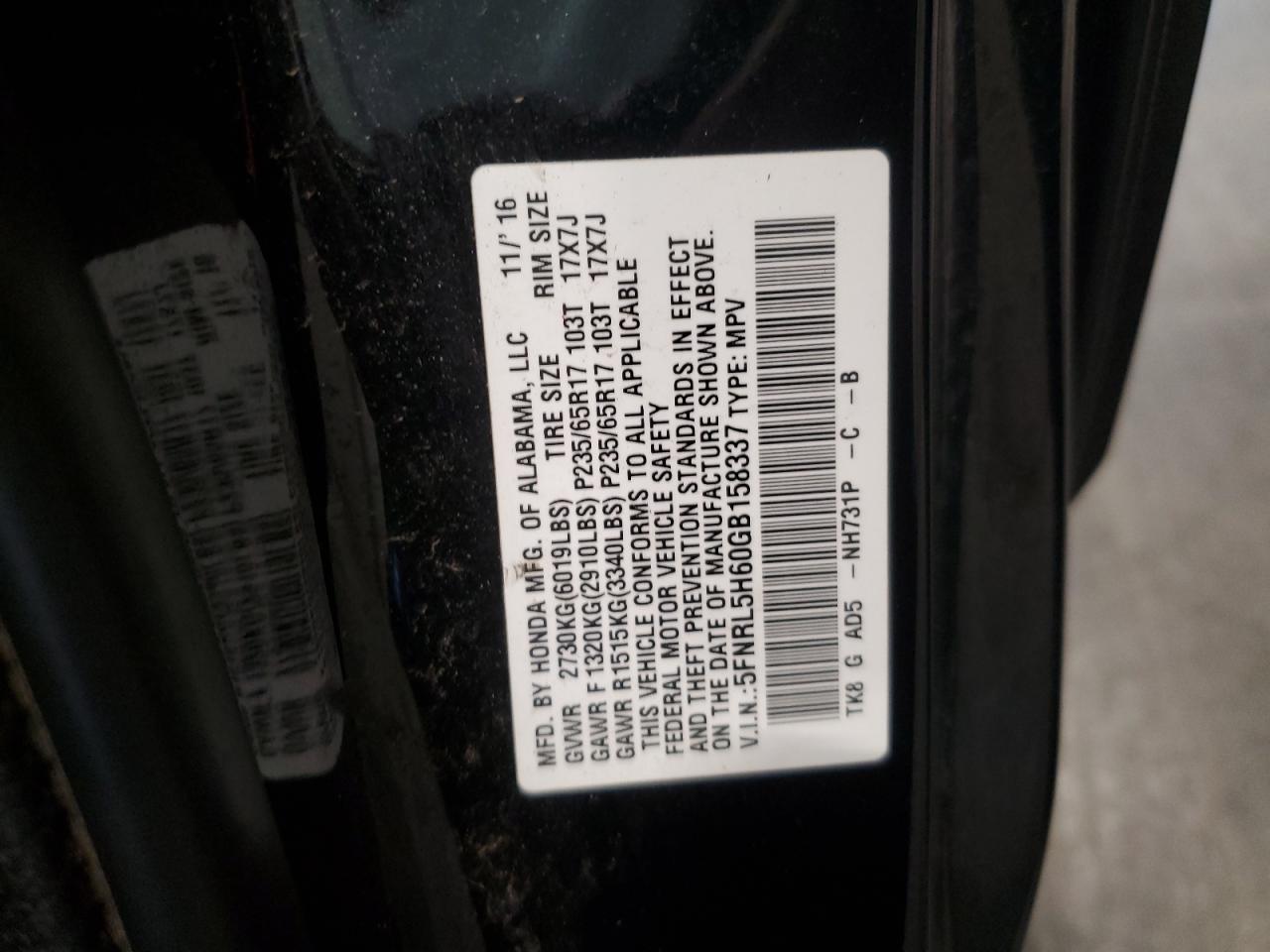 5FNRL5H60GB158337 2016 Honda Odyssey Exl