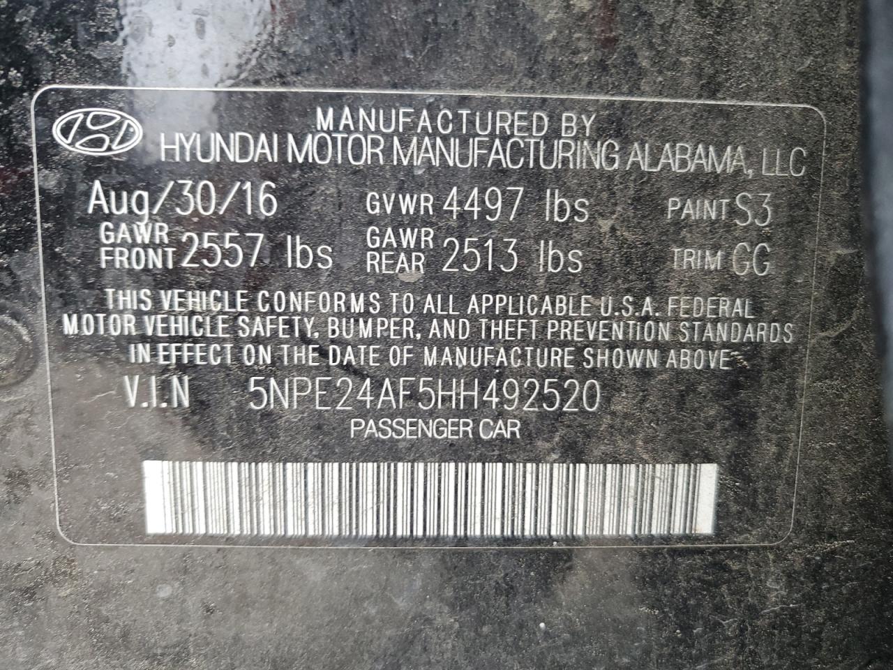 5NPE24AF5HH492520 2017 Hyundai Sonata Se