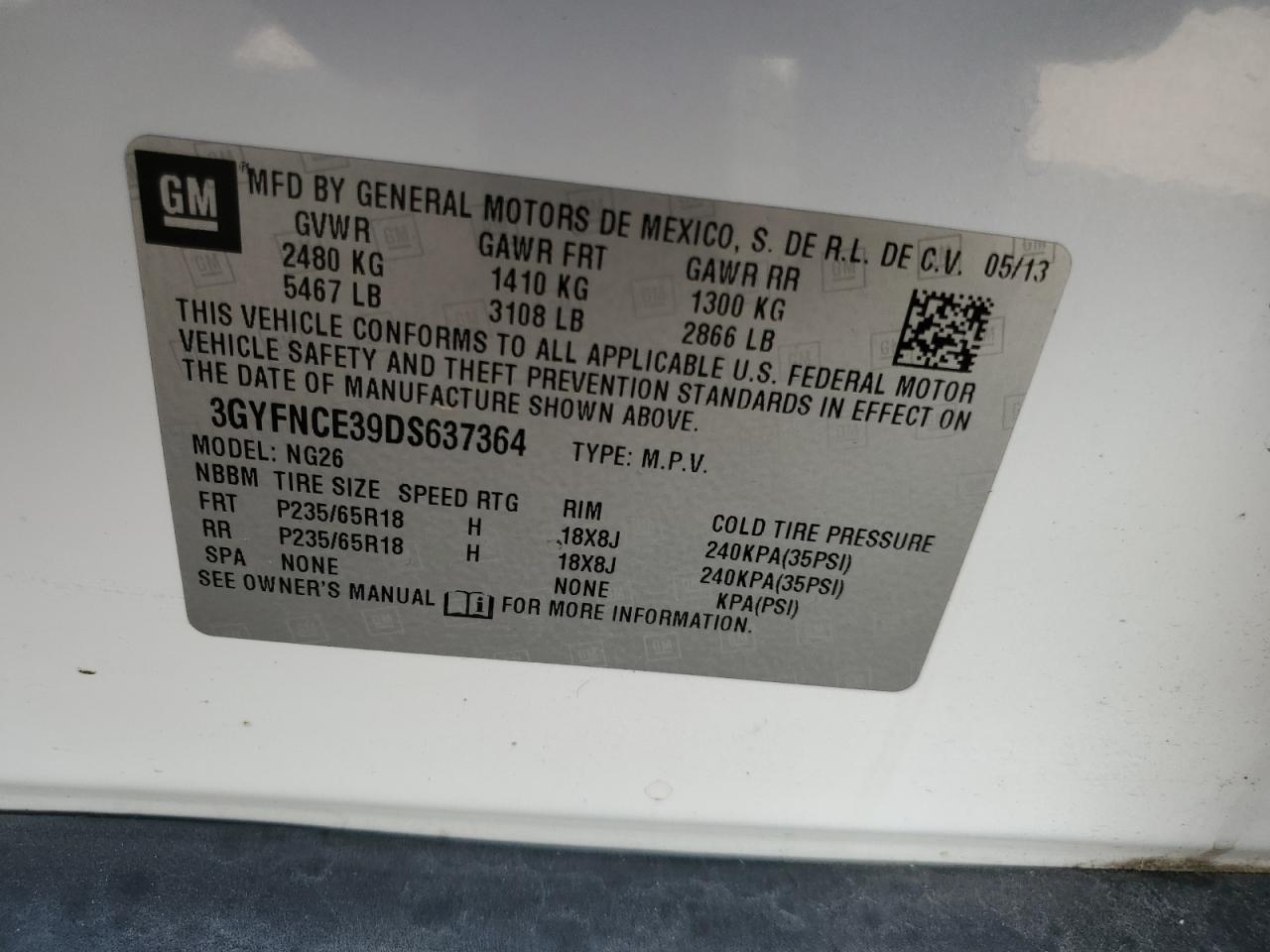 3GYFNCE39DS637364 2013 Cadillac Srx Luxury Collection