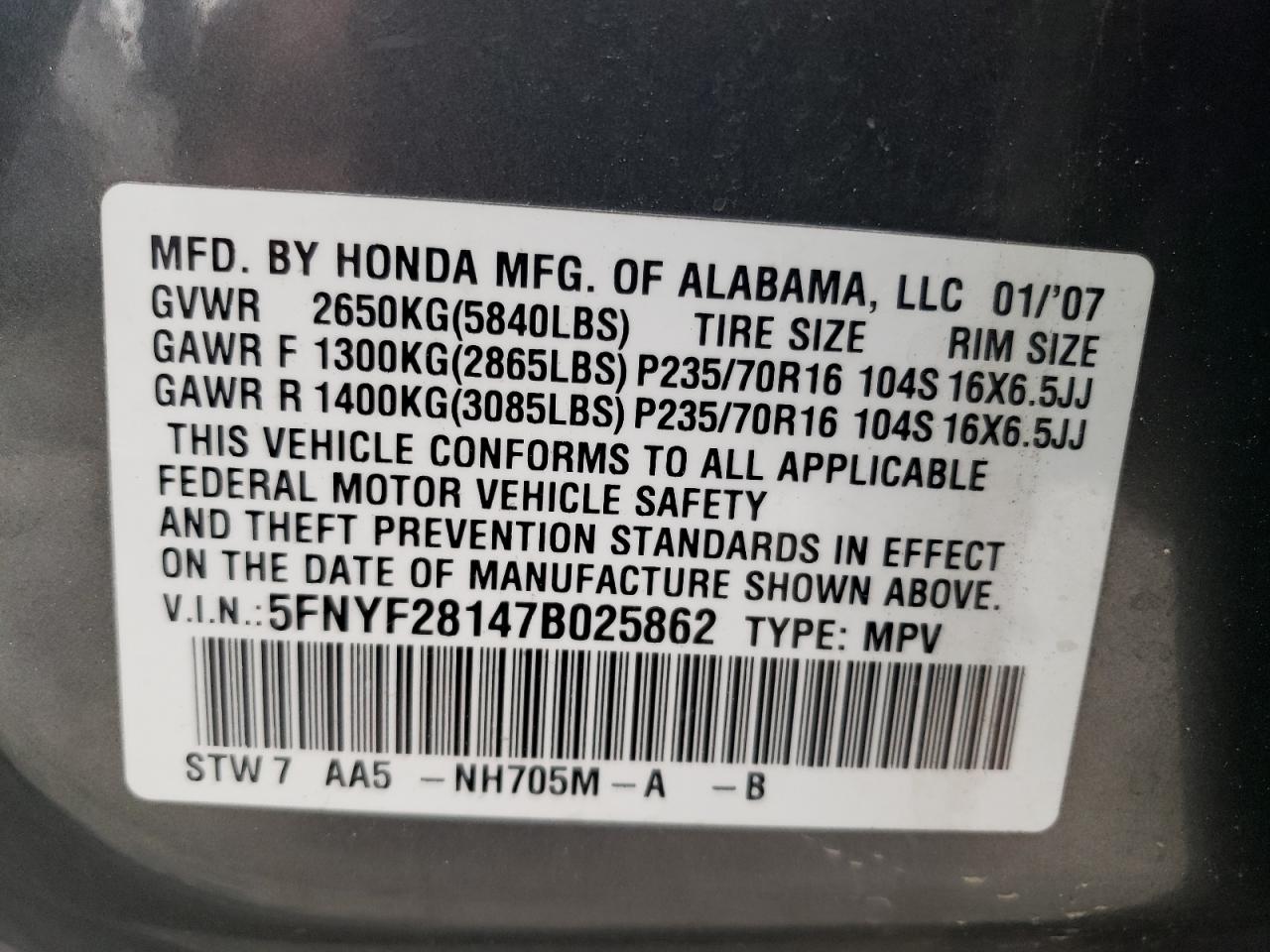 5FNYF28147B025862 2007 Honda Pilot Lx