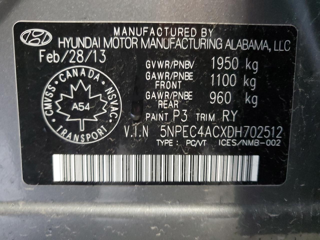 5NPEC4ACXDH702512 2013 Hyundai Sonata Se