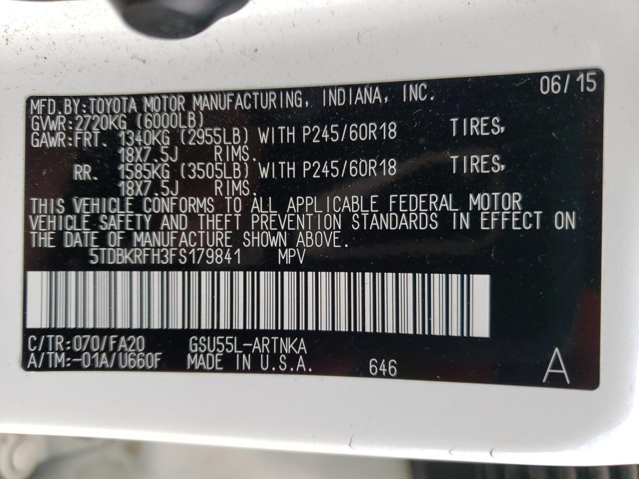 5TDBKRFH3FS179841 2015 Toyota Highlander Le