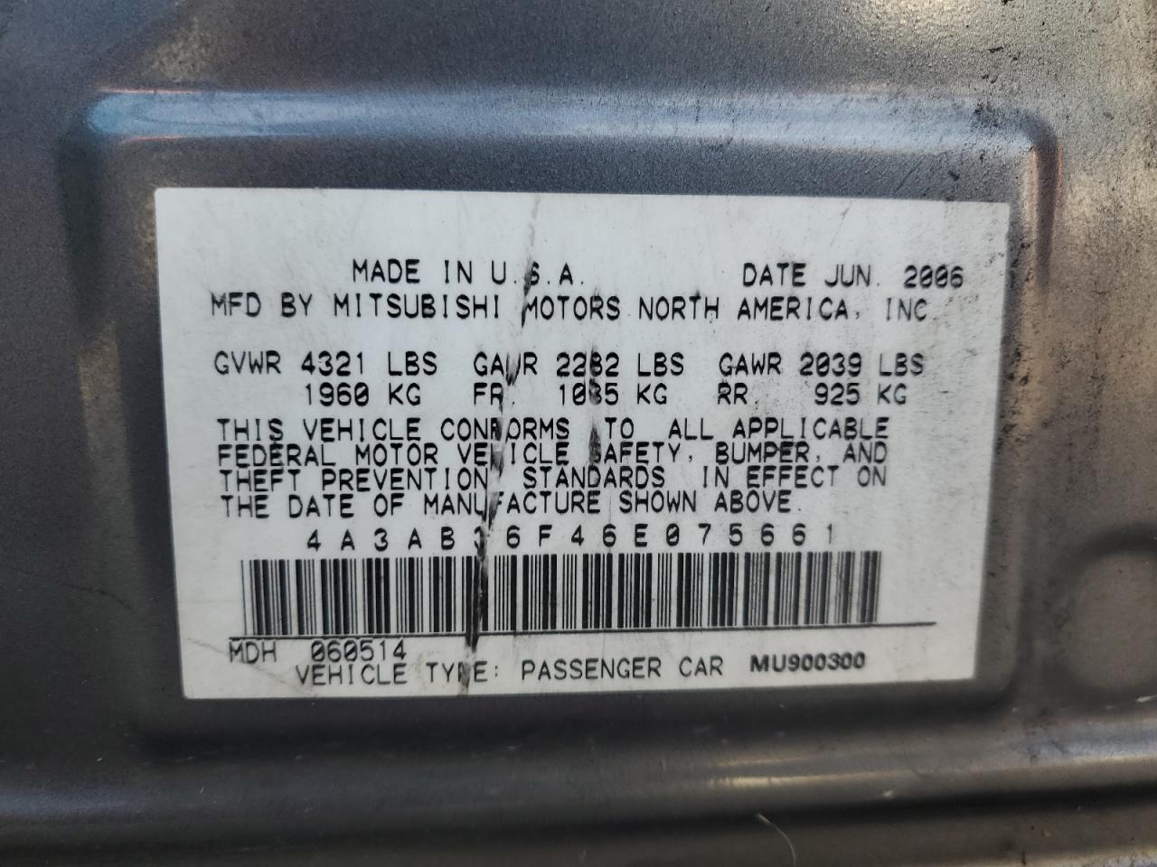 4A3AB36F46E075661 2006 Mitsubishi Galant Es Medium