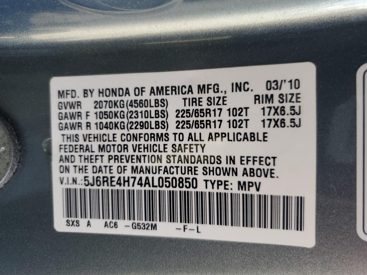 5J6RE4H74AL050850 2010 Honda Cr-V Exl