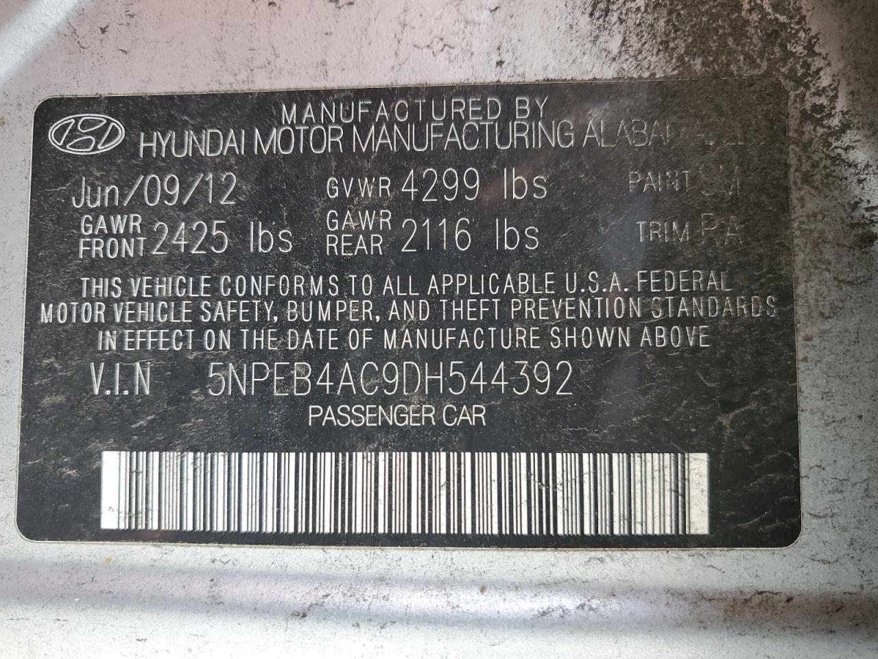 5NPEB4AC9DH544392 2013 Hyundai Sonata Gls