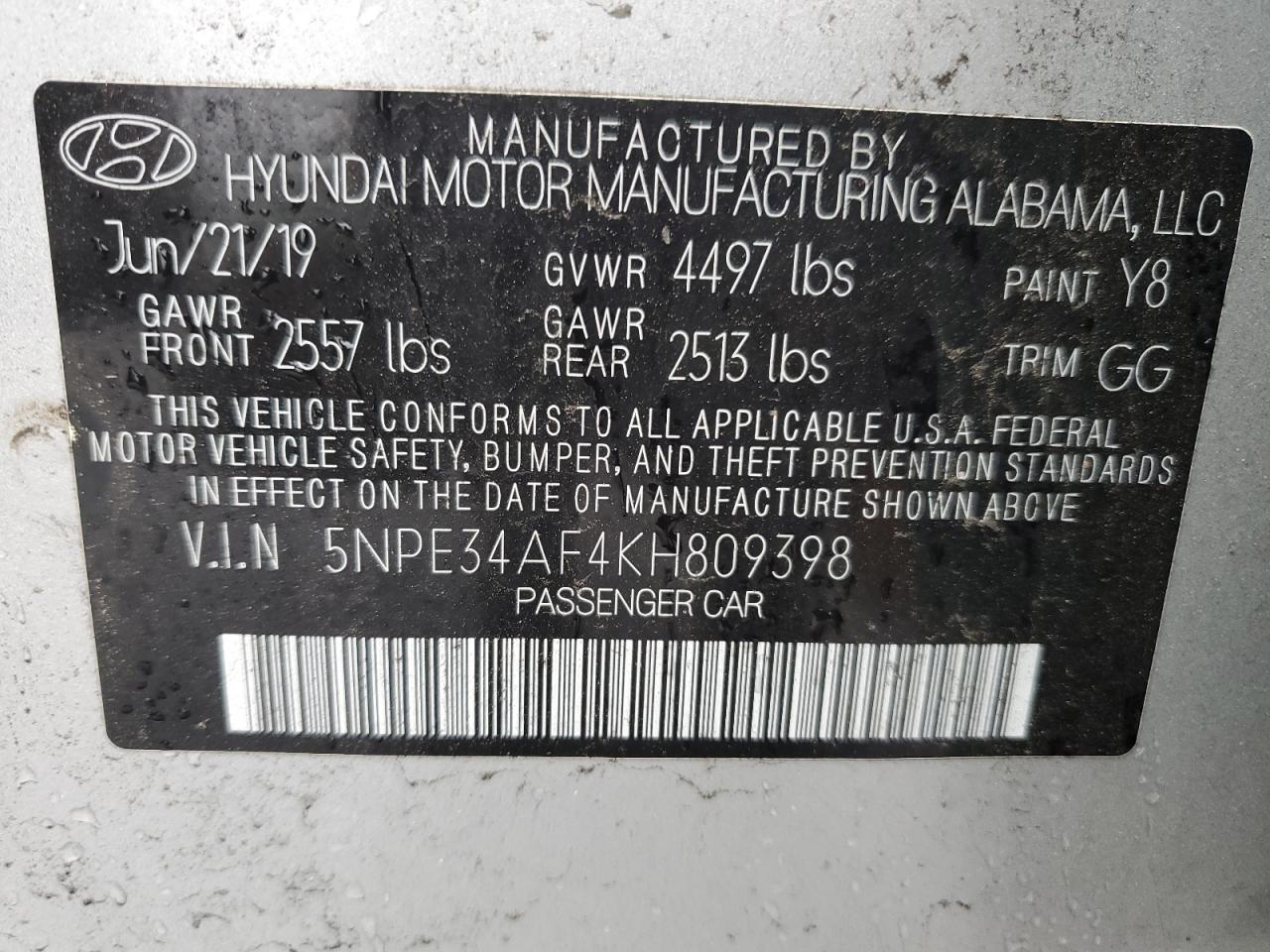 5NPE34AF4KH809398 2019 Hyundai Sonata Limited