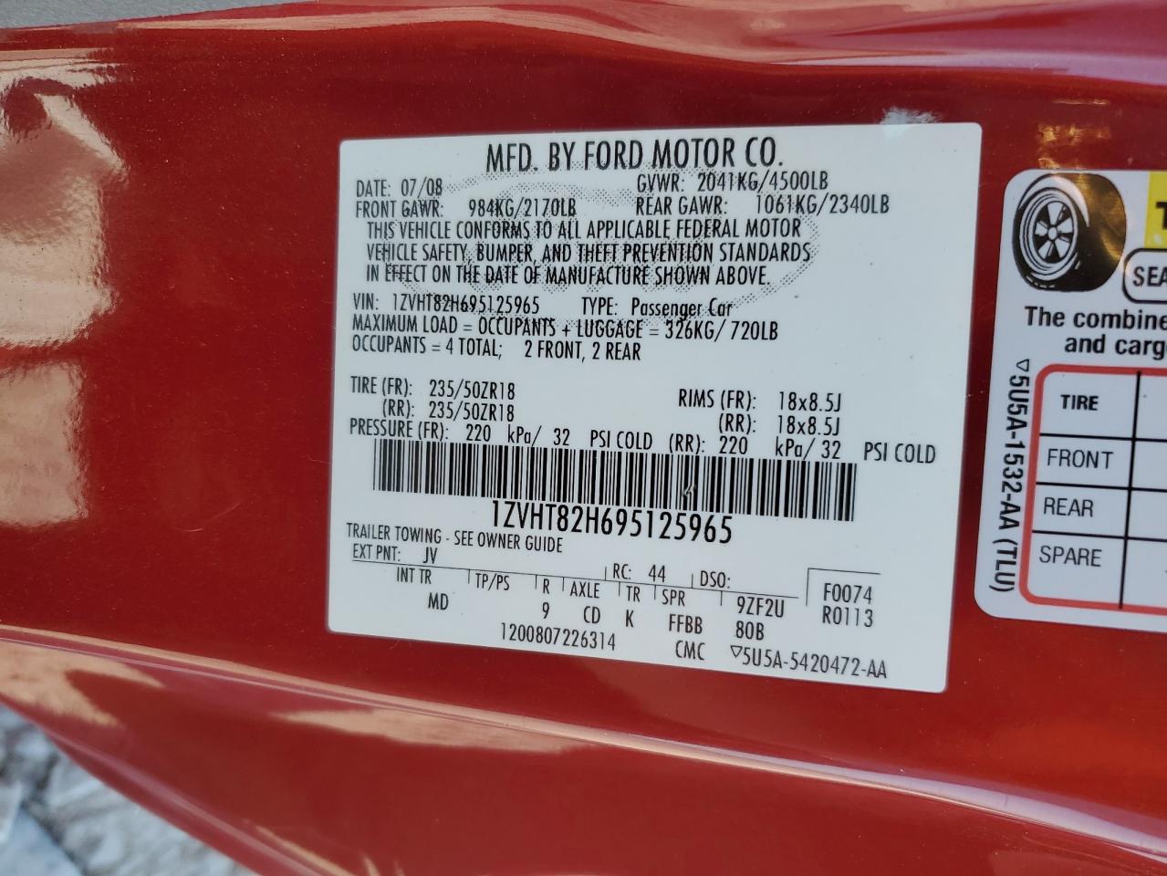 1ZVHT82H695125965 2009 Ford Mustang Gt