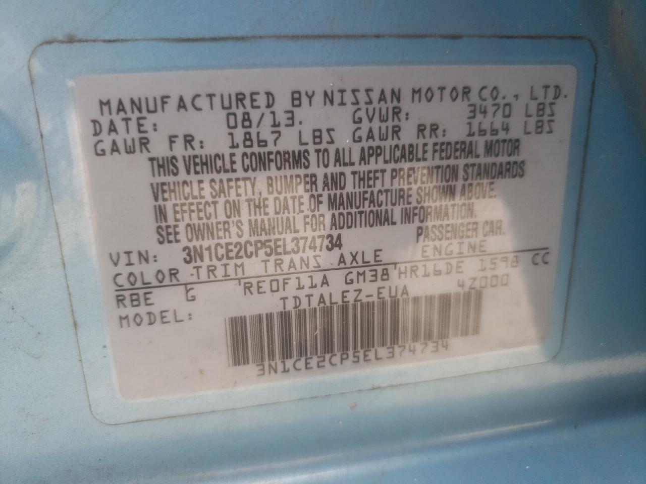 3N1CE2CP5EL374734 2014 Nissan Versa Note S