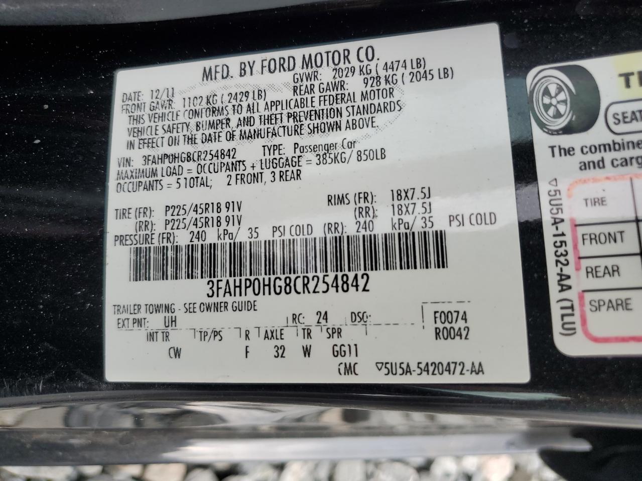 3FAHP0HG8CR254842 2012 Ford Fusion Se