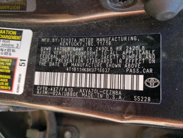 VIN 4T1B11HK8KU716637 2019 Toyota Camry, L no.12