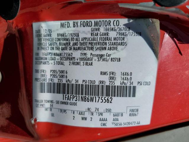 2006 Ford Focus Zx3 VIN: 1FAFP31N86W175562 Lot: 54557594