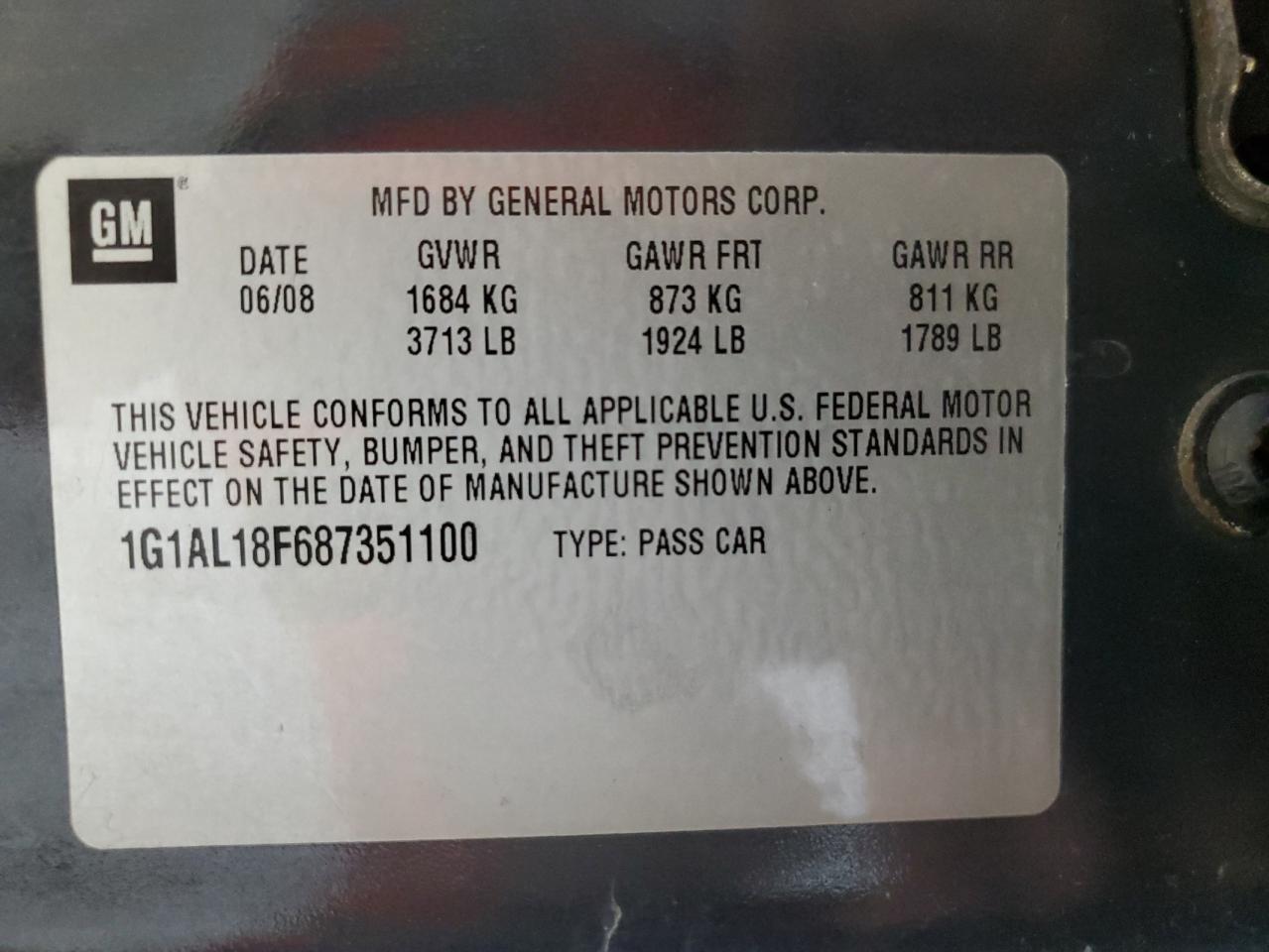 1G1AL18F687351100 2008 Chevrolet Cobalt Lt