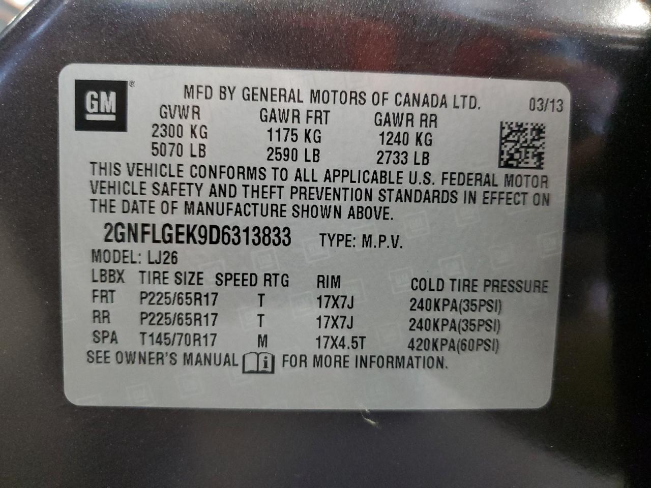 2013 Chevrolet Equinox Ltz vin: 2GNFLGEK9D6313833