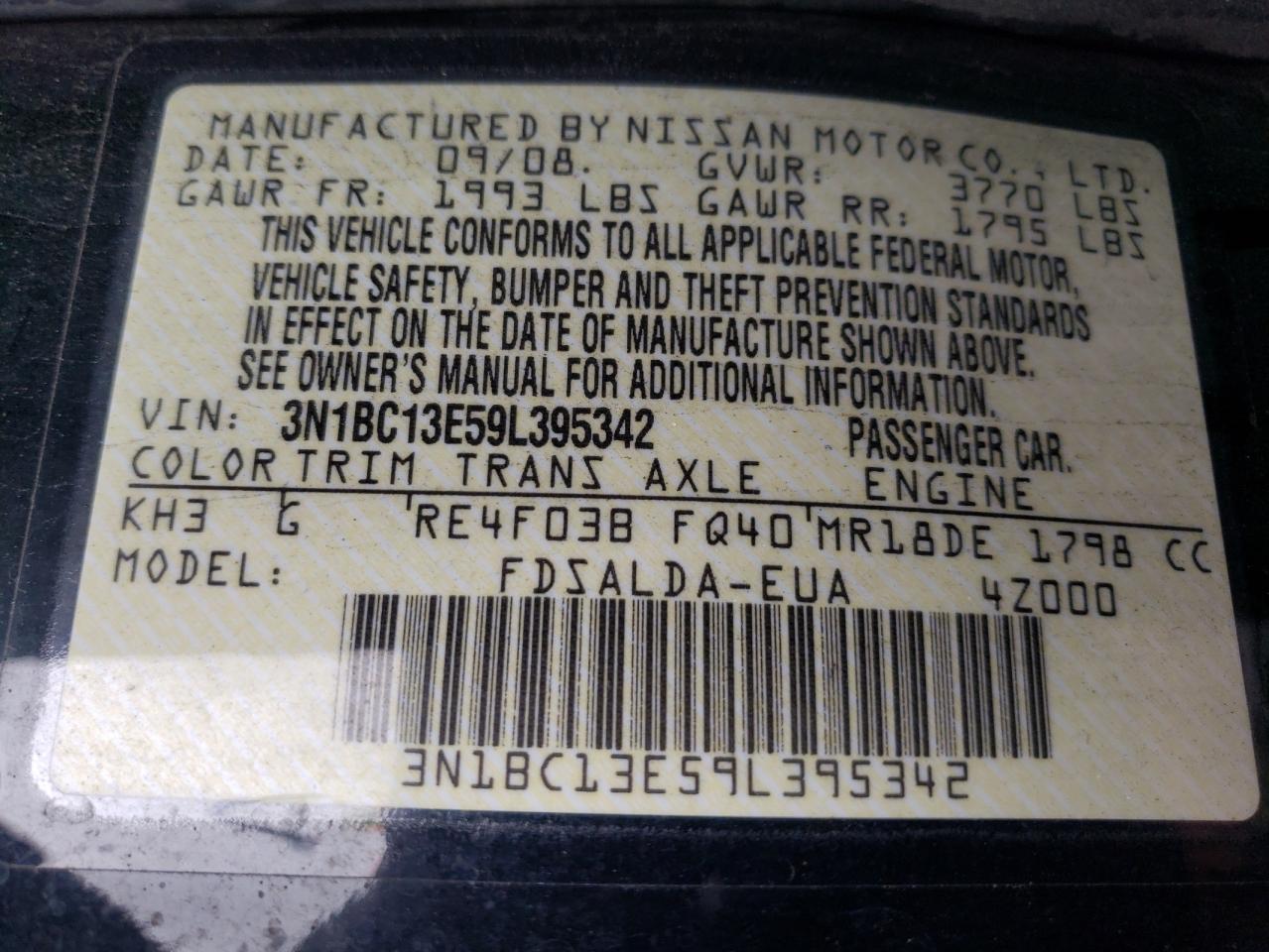 3N1BC13E59L395342 2009 Nissan Versa S