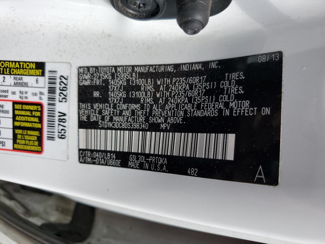 5TDYK3DC8DS398340 2013 Toyota Sienna Xle