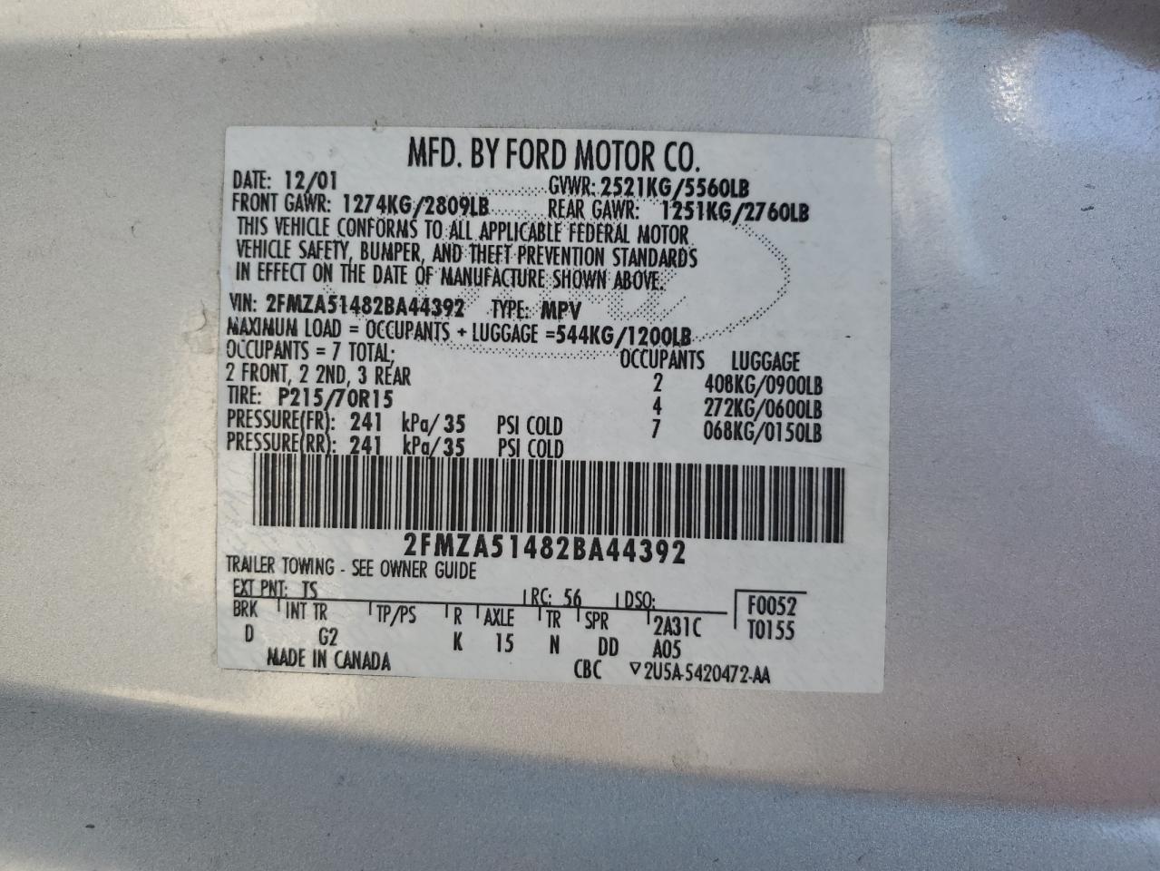 2FMZA51482BA44392 2002 Ford Windstar Lx