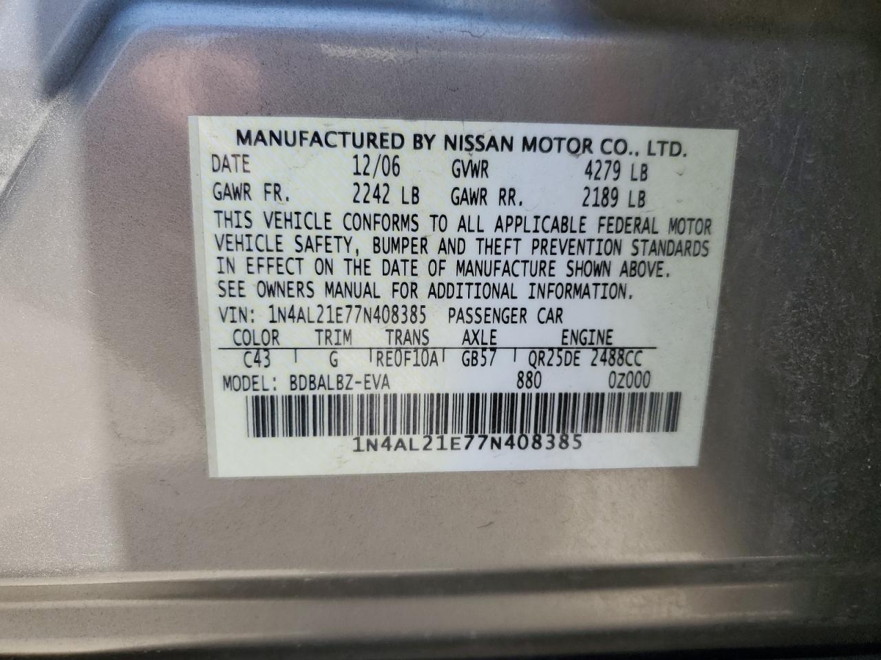 1N4AL21E77N408385 2007 Nissan Altima 2.5