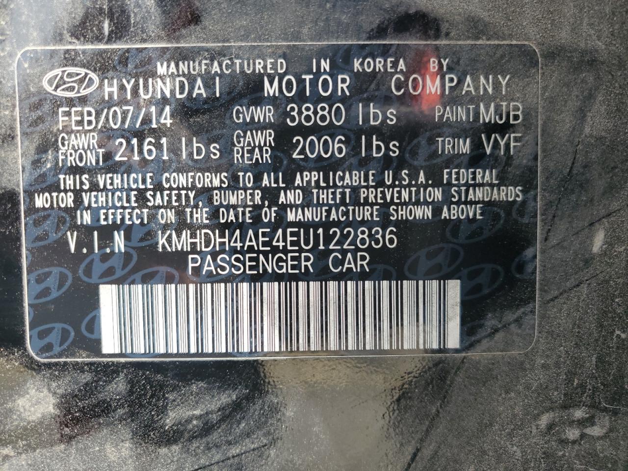 KMHDH4AE4EU122836 2014 Hyundai Elantra Se