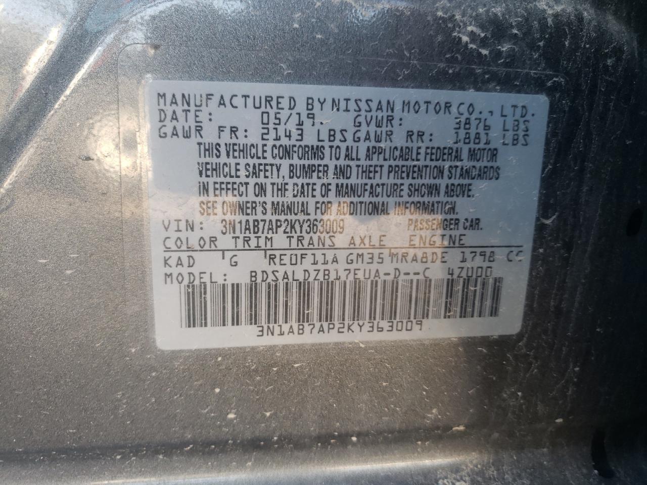 3N1AB7AP2KY363009 2019 Nissan Sentra S