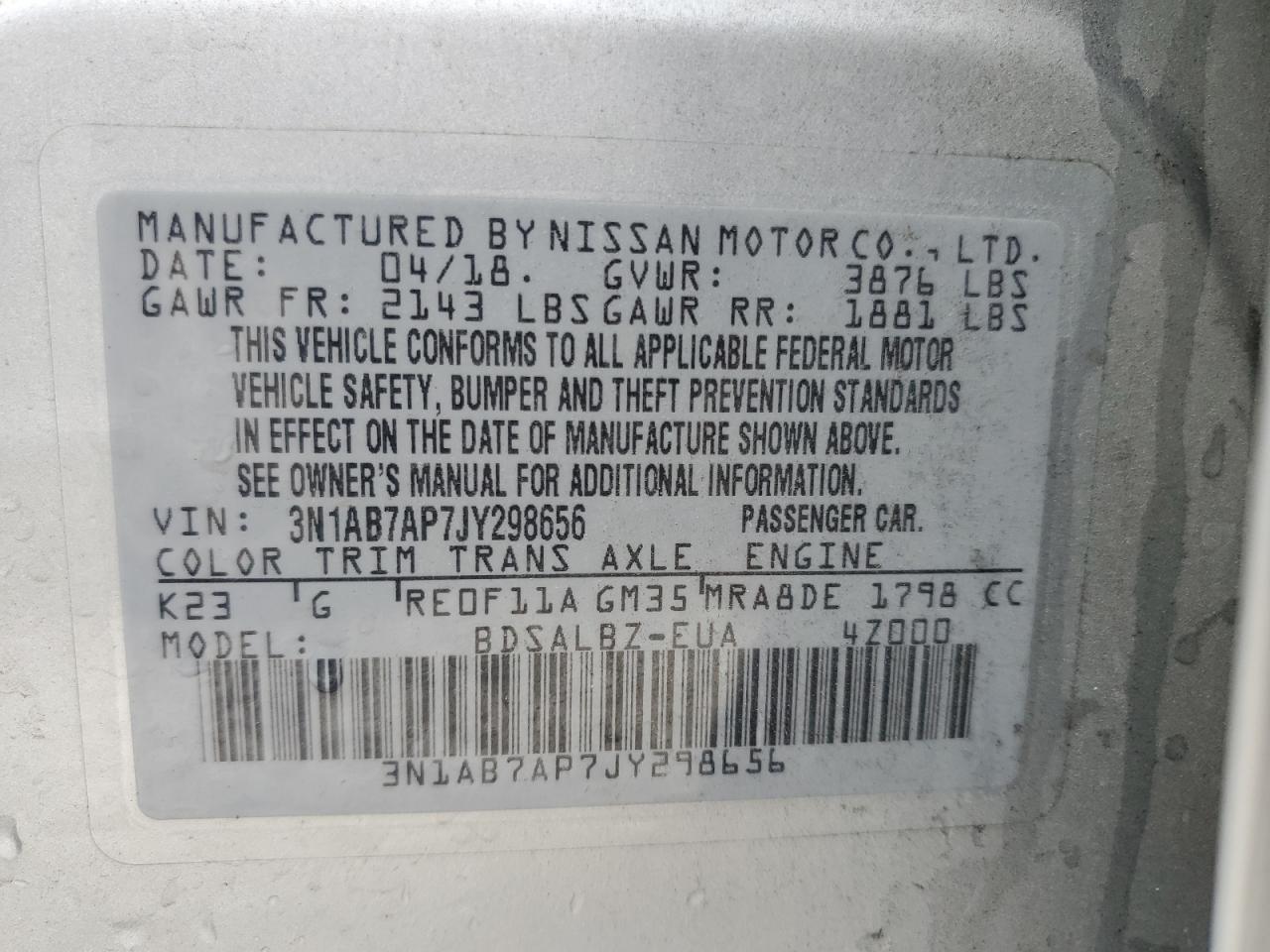 3N1AB7AP7JY298656 2018 Nissan Sentra S