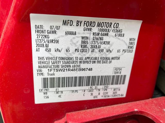 2008 Ford F250 Super Duty VIN: 1FTSW21R48EB96748 Lot: 56309724