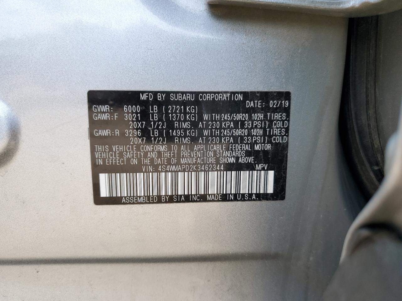 4S4WMAPD2K3462344 2019 Subaru Ascent Limited