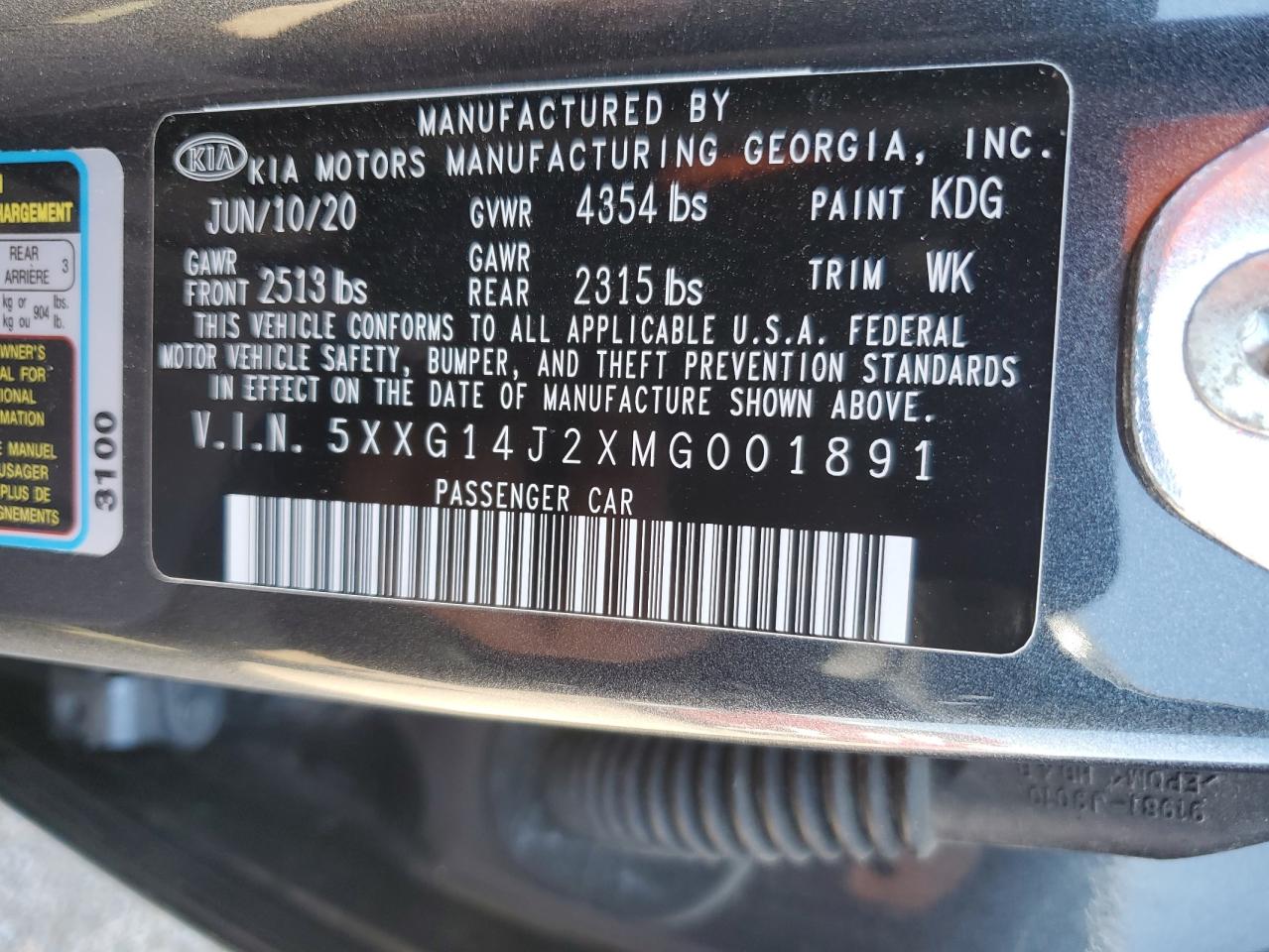 5XXG14J2XMG001891 2021 Kia K5 Lxs