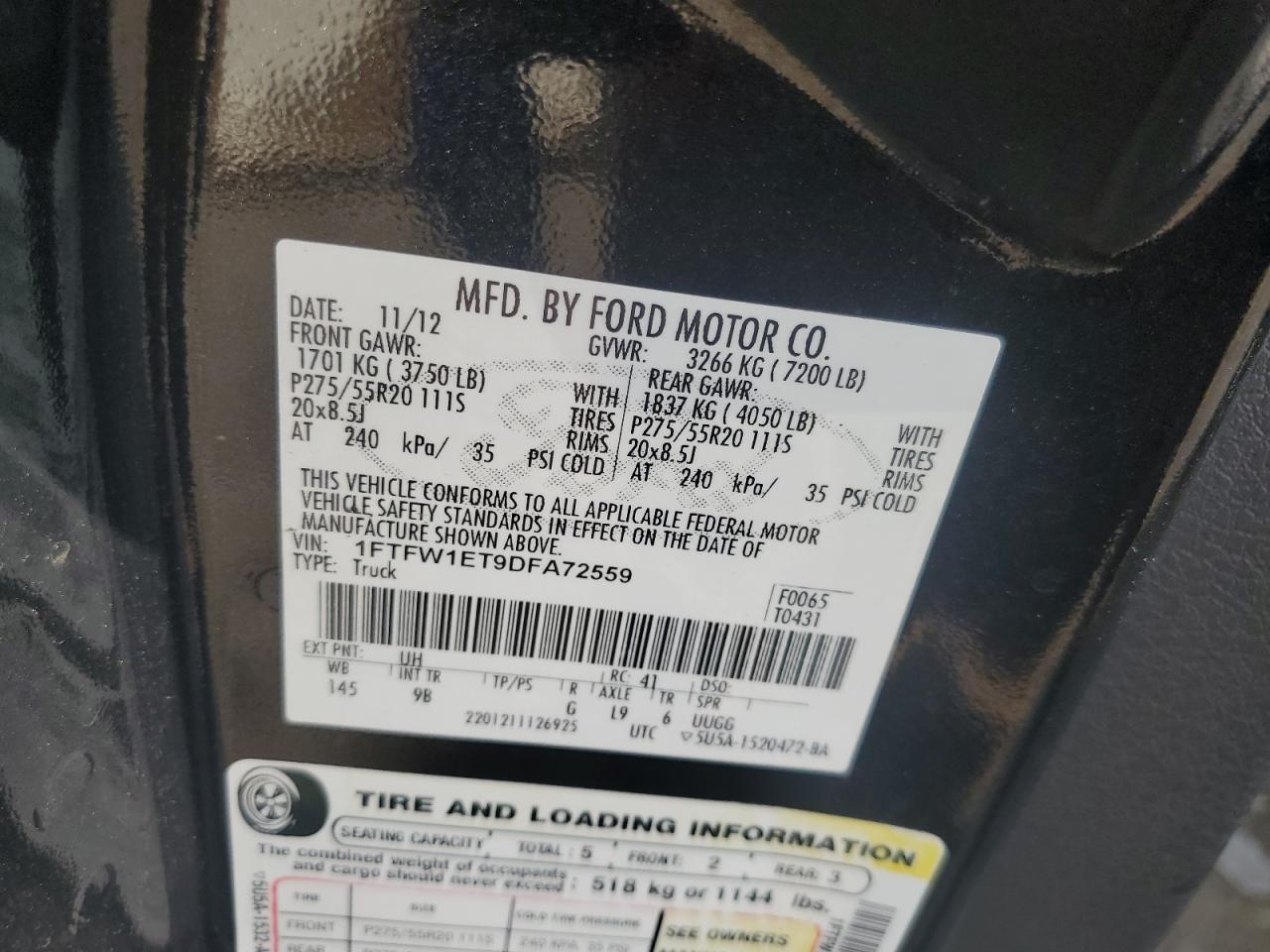 1FTFW1ET9DFA72559 2013 Ford F150 Supercrew