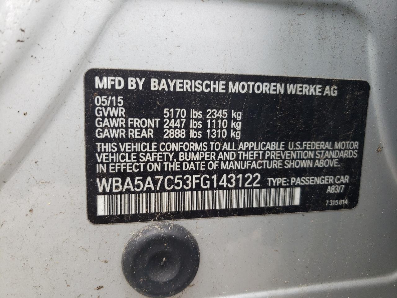 WBA5A7C53FG143122 2015 BMW 528 Xi