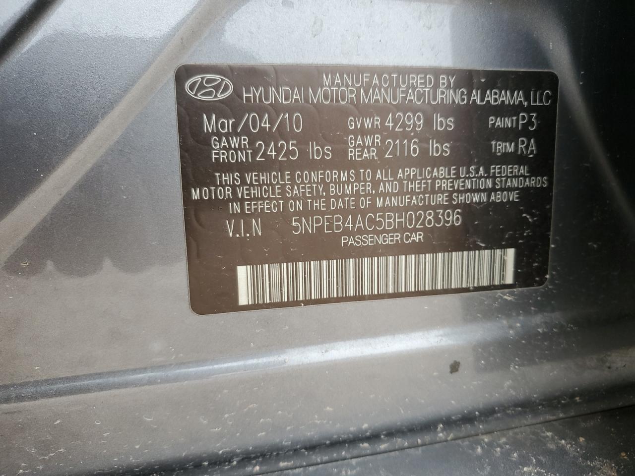 5NPEB4AC5BH028396 2011 Hyundai Sonata Gls