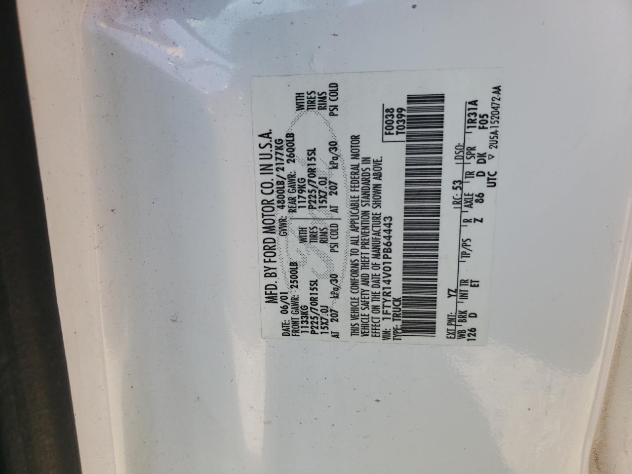 1FTYR14V01PB64443 2001 Ford Ranger Super Cab