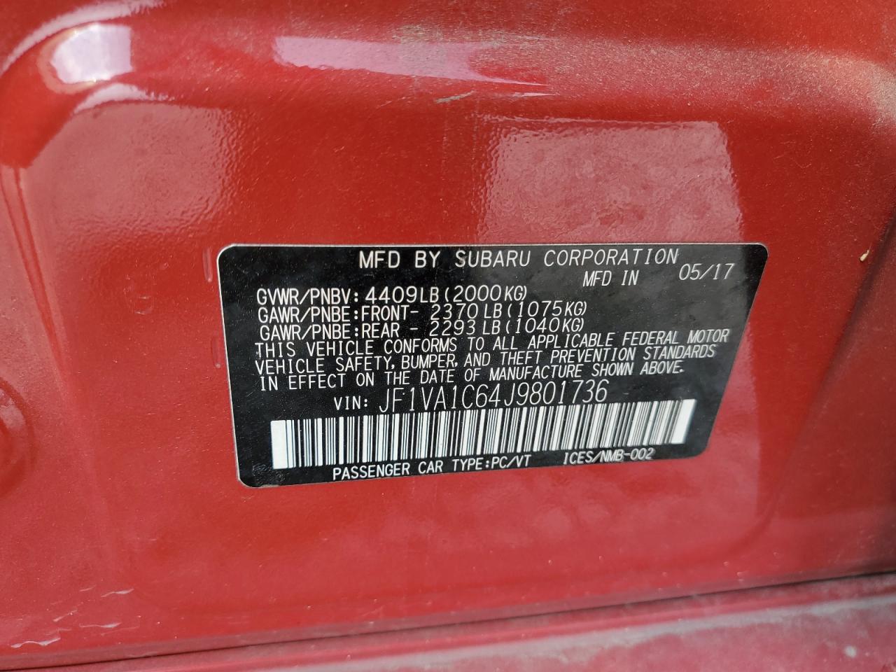 JF1VA1C64J9801736 2018 Subaru Wrx Premium