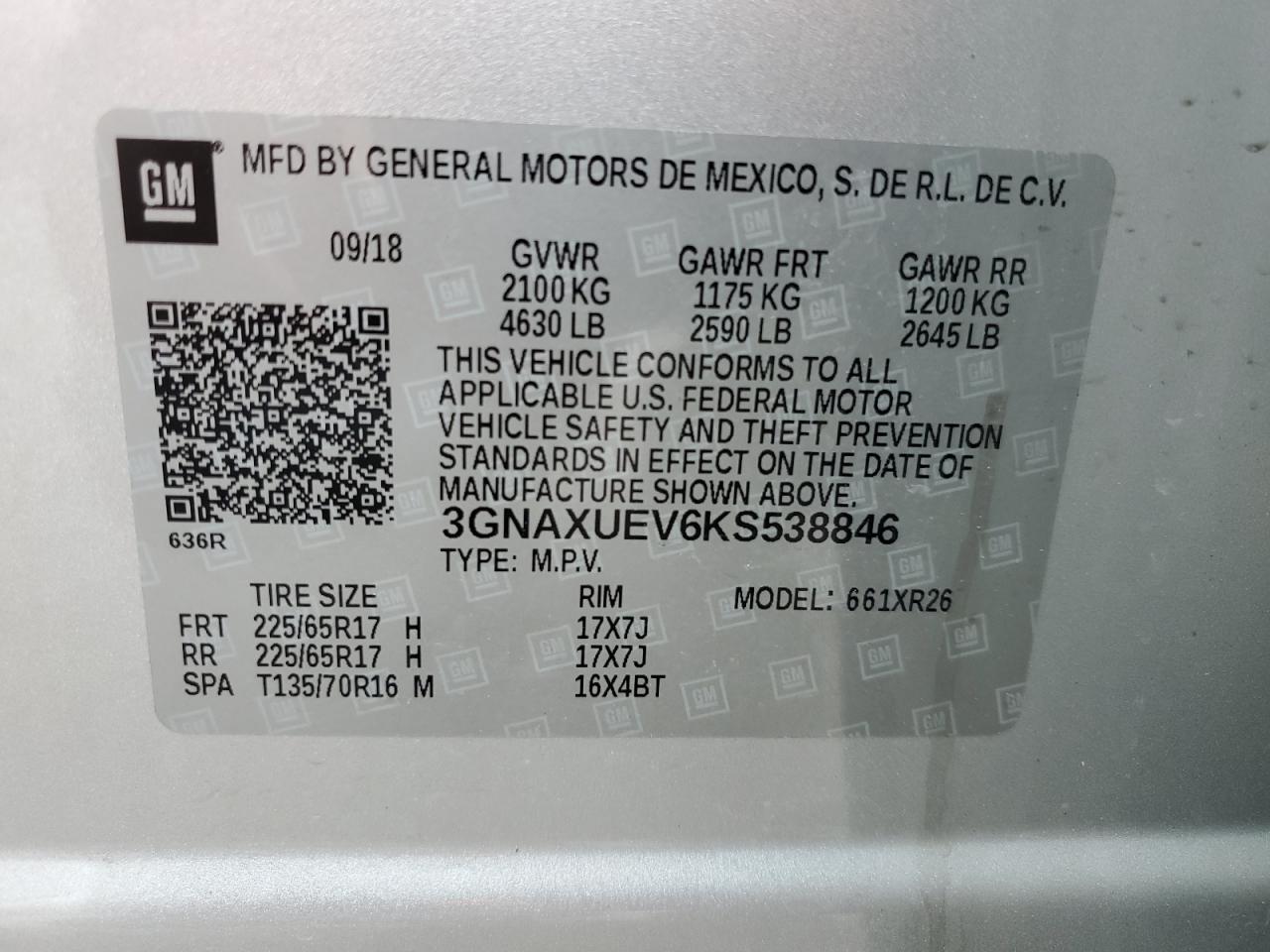 3GNAXUEV6KS538846 2019 Chevrolet Equinox Lt