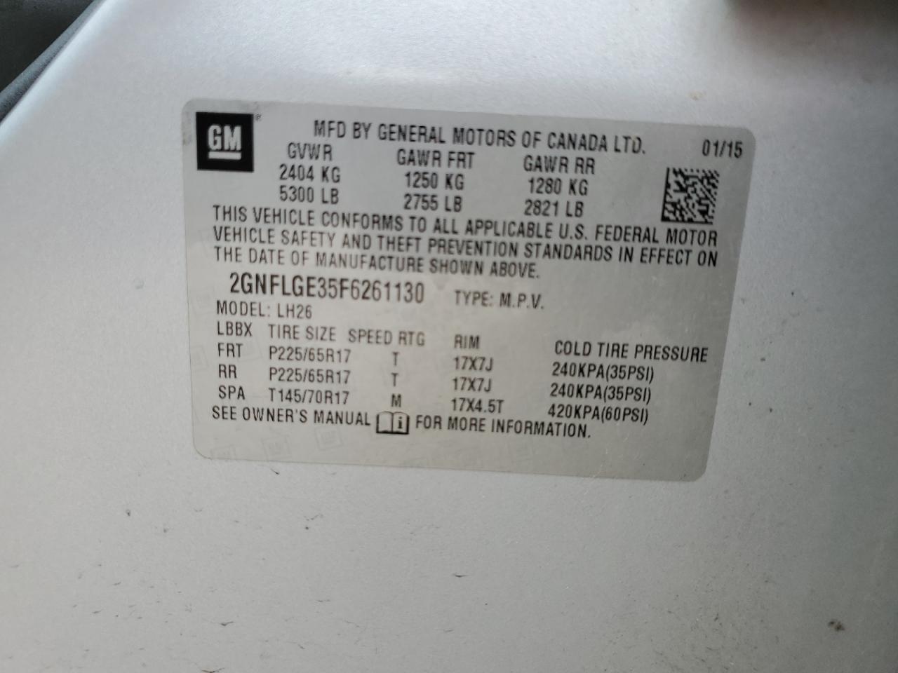 2GNFLGE35F6261130 2015 Chevrolet Equinox Lt