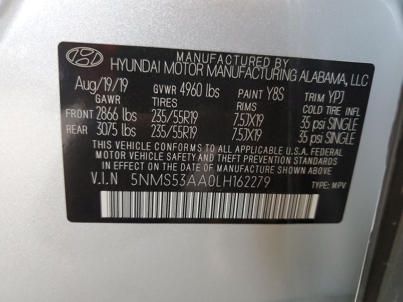 5NMS53AA0LH162279 2020 Hyundai Santa Fe Limited