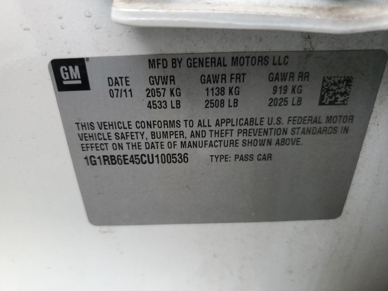 1G1RB6E45CU100536 2012 Chevrolet Volt