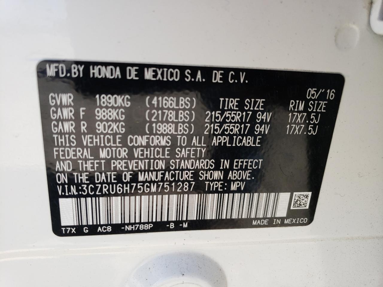 3CZRU6H75GM751287 2016 Honda Hr-V Exl