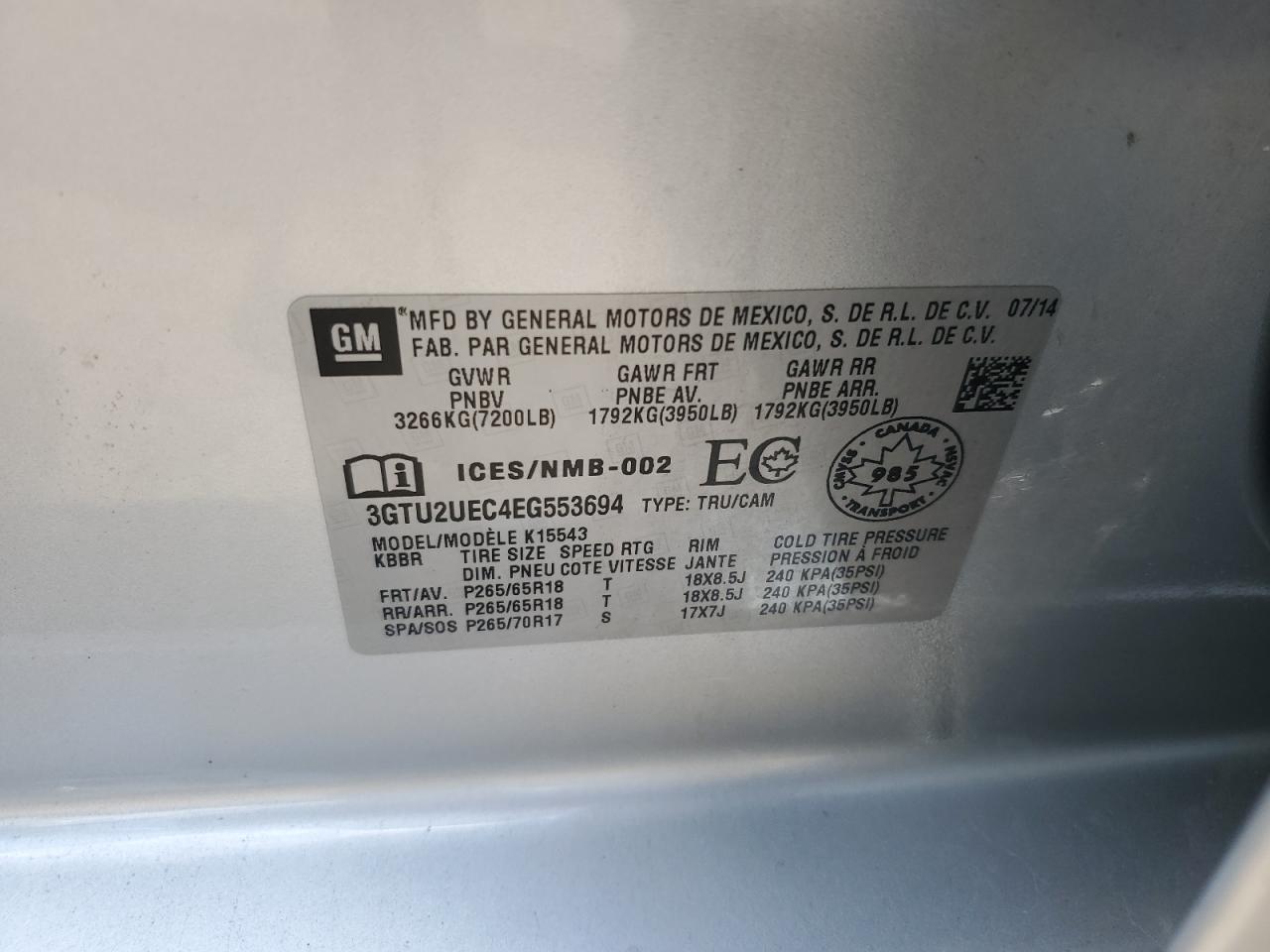 3GTU2UEC4EG553694 2014 GMC Sierra K1500 Sle