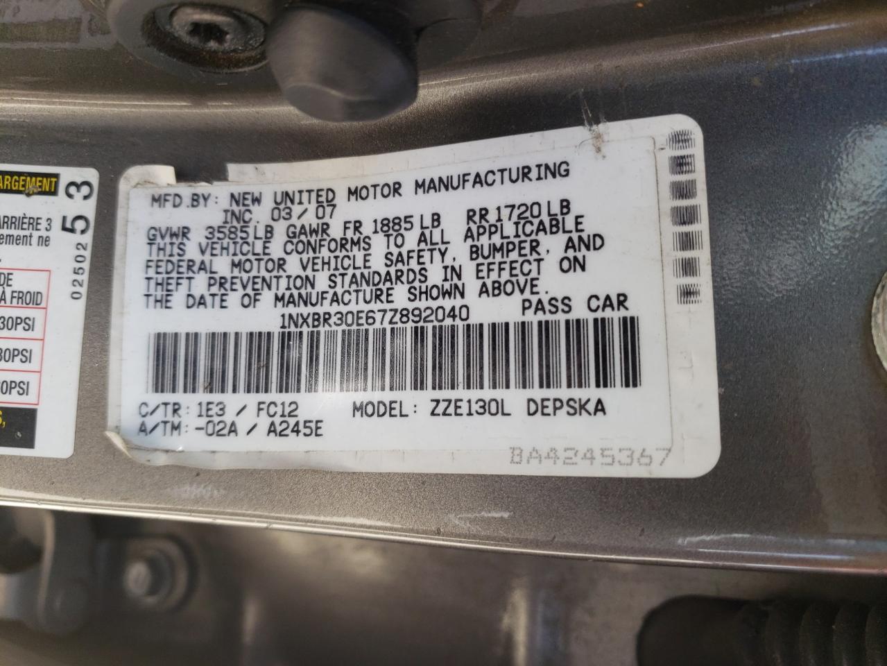 1NXBR30E67Z892040 2007 Toyota Corolla Ce