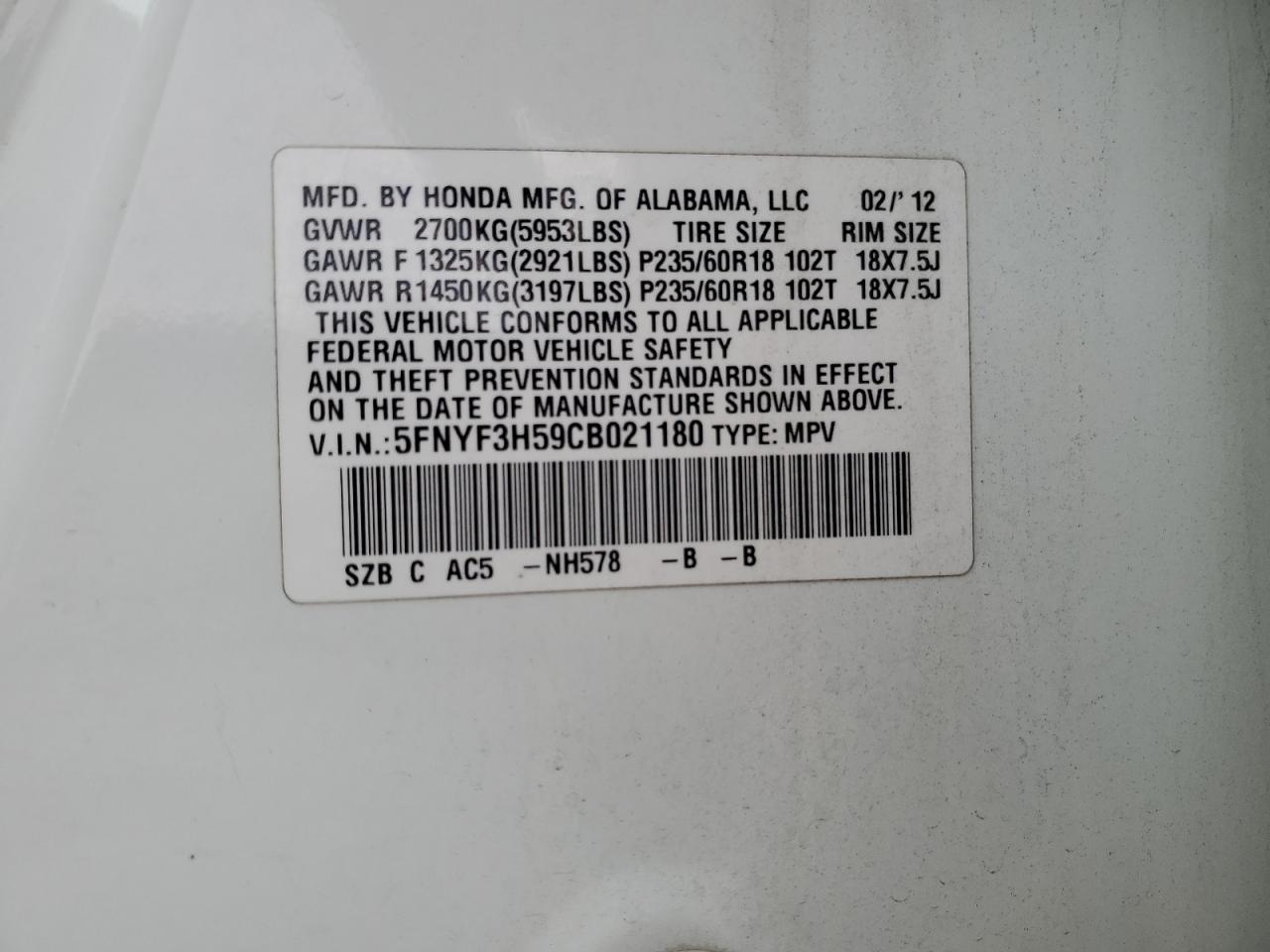 5FNYF3H59CB021180 2012 Honda Pilot Exl