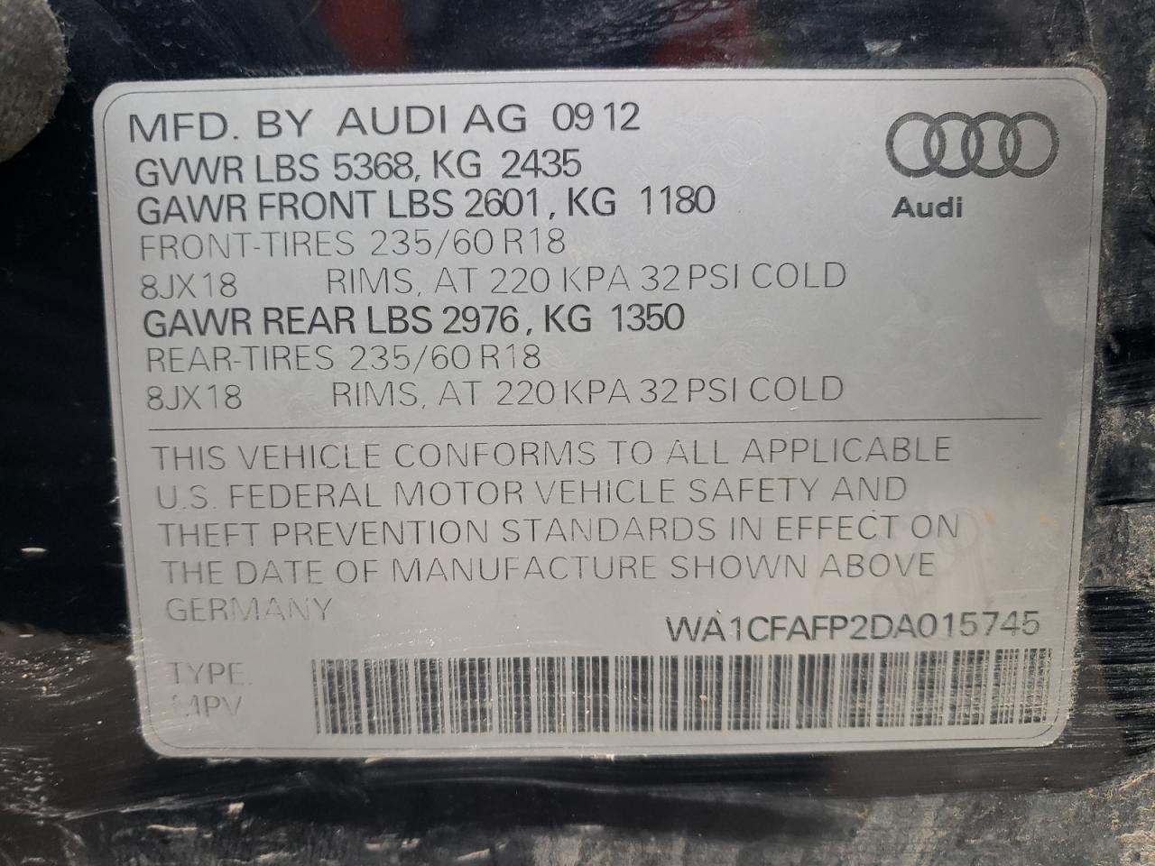 WA1CFAFP2DA015745 2013 Audi Q5 Premium