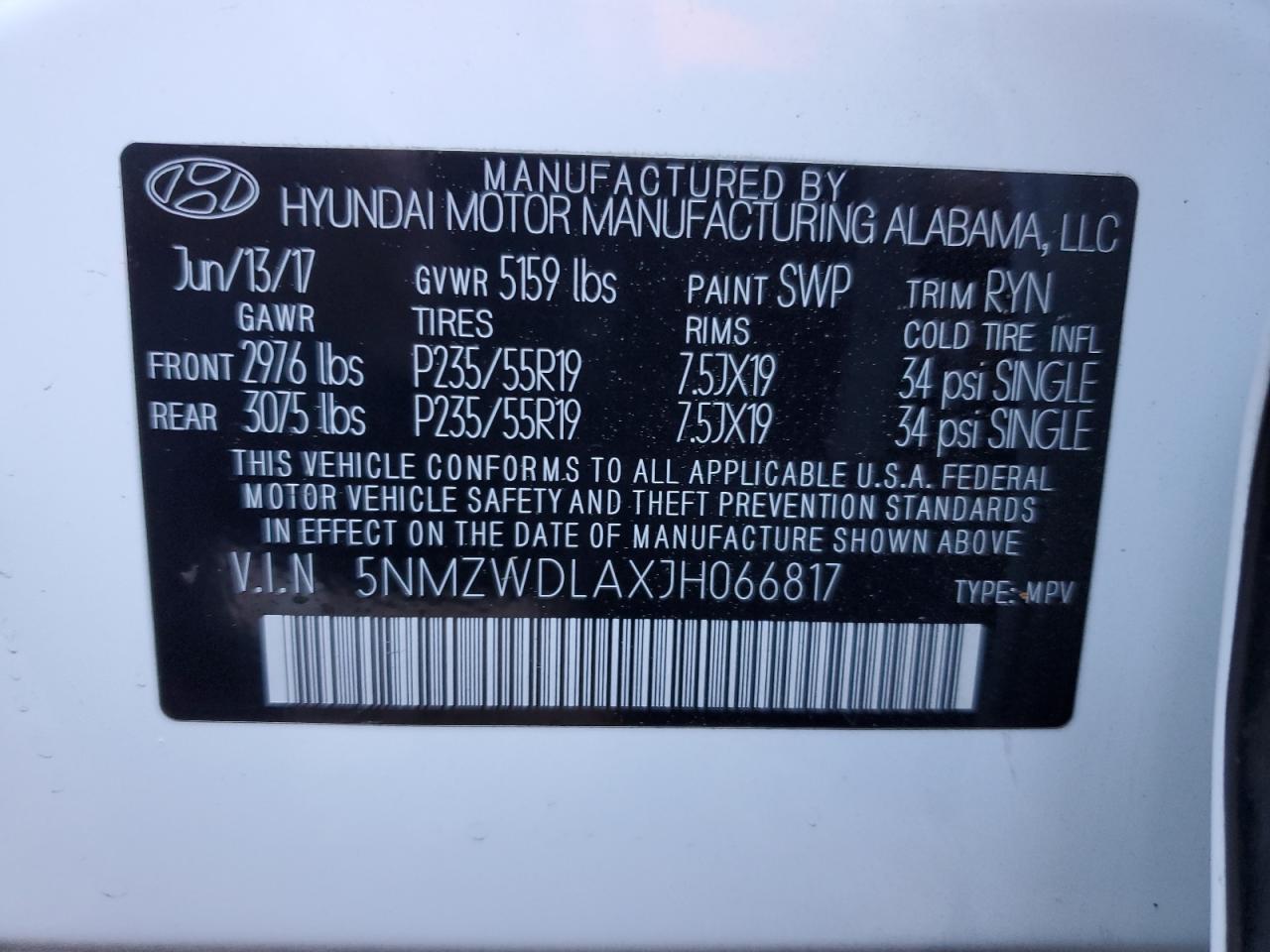 5NMZWDLAXJH066817 2018 Hyundai Santa Fe Sport