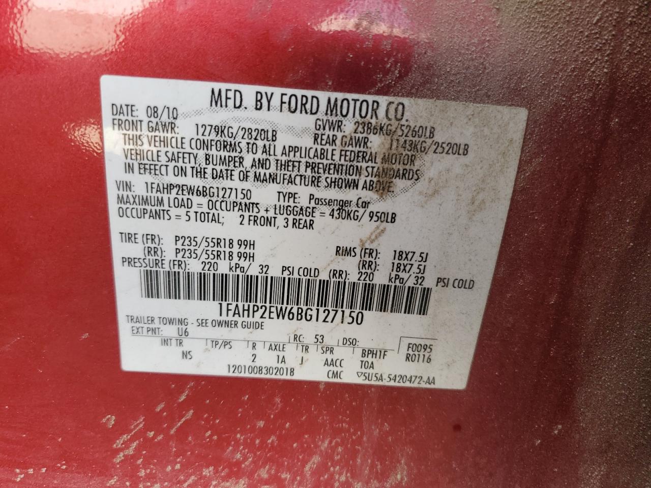 1FAHP2EW6BG127150 2011 Ford Taurus Sel