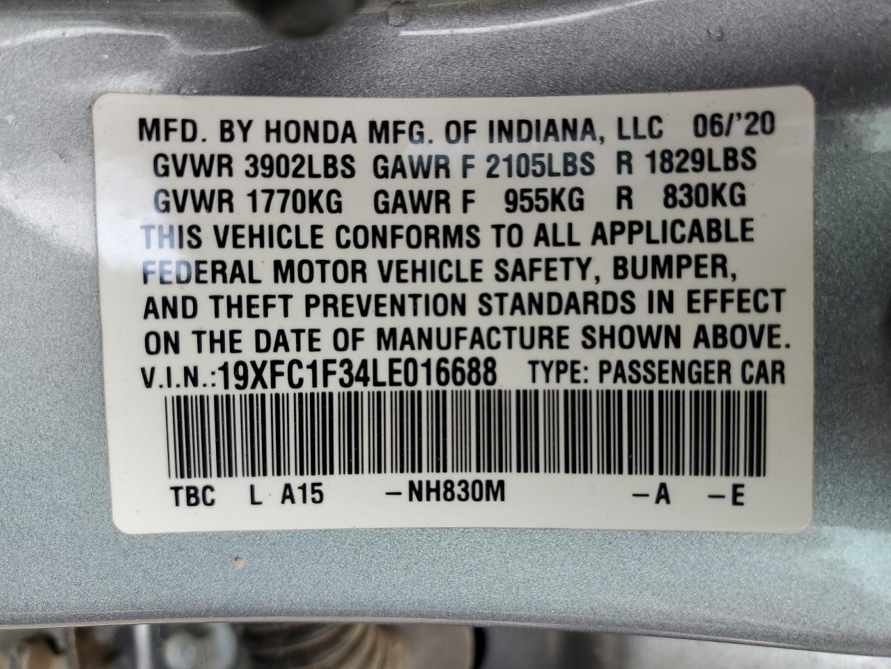 19XFC1F34LE016688 2020 Honda Civic Ex