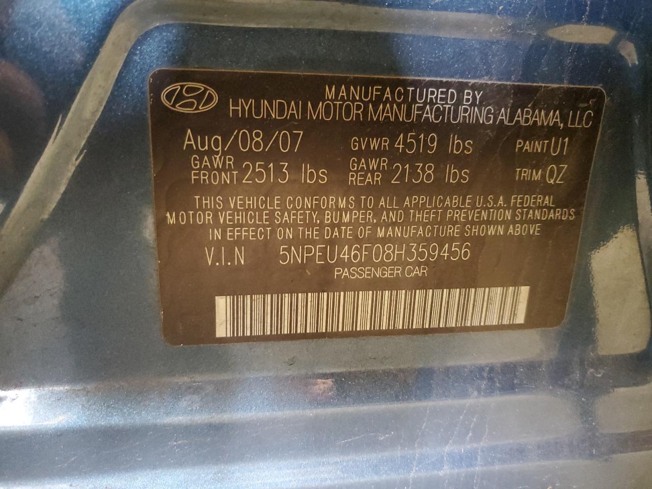 5NPEU46F08H359456 2008 Hyundai Sonata Se