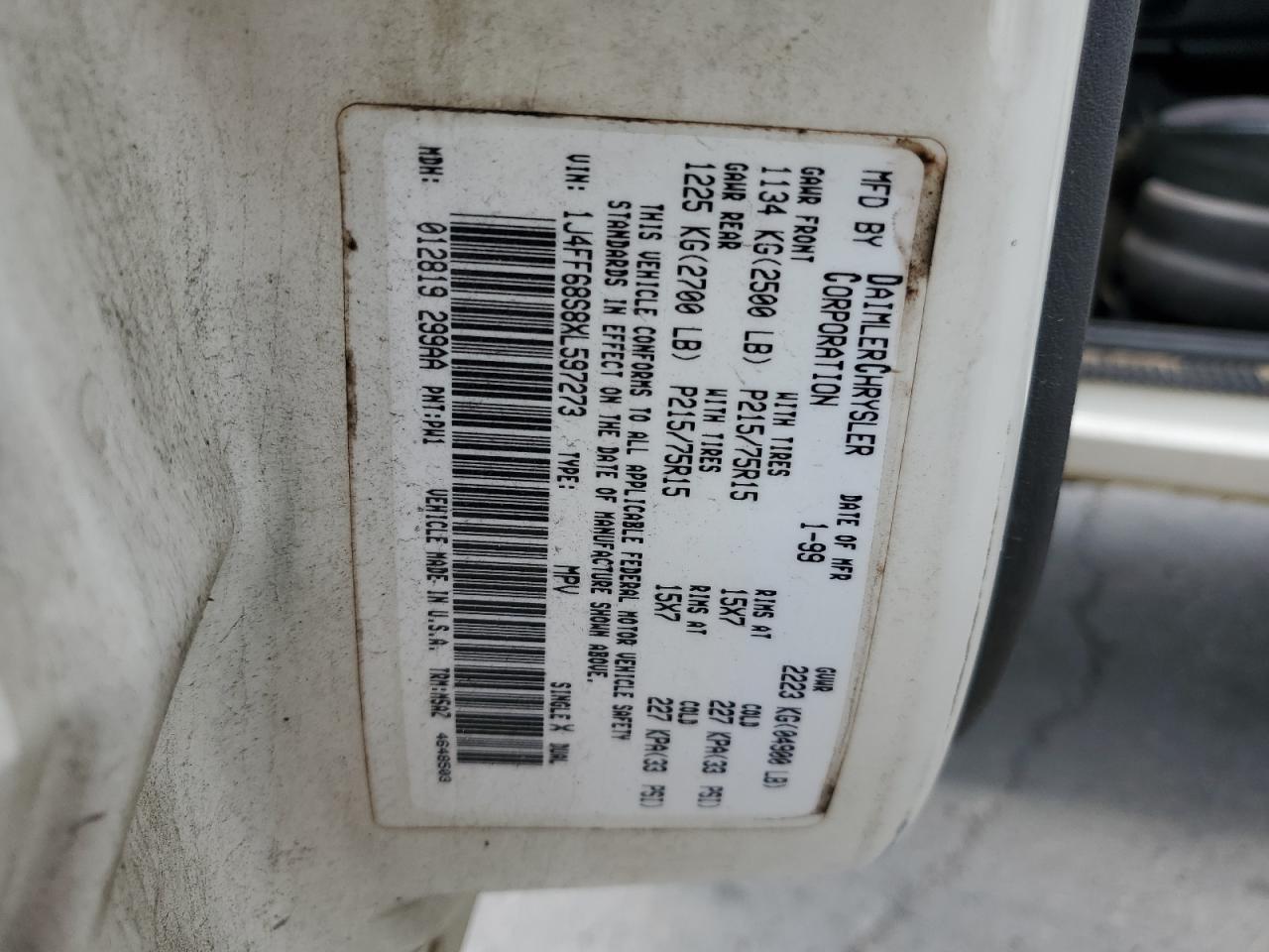 1J4FF68S8XL597273 1999 Jeep Cherokee Sport