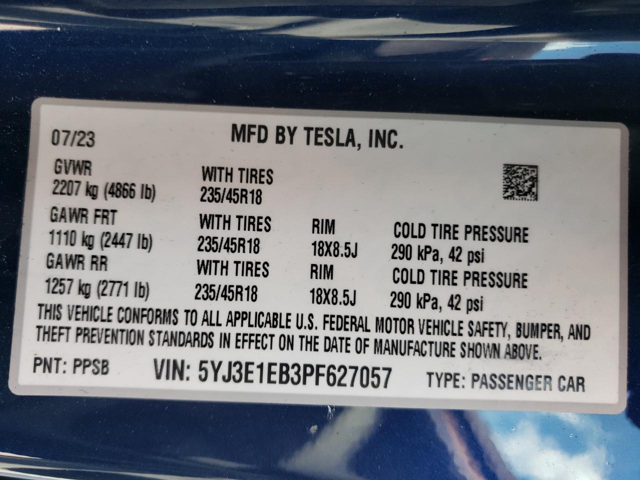 5YJ3E1EB3PF627057 2023 Tesla Model 3